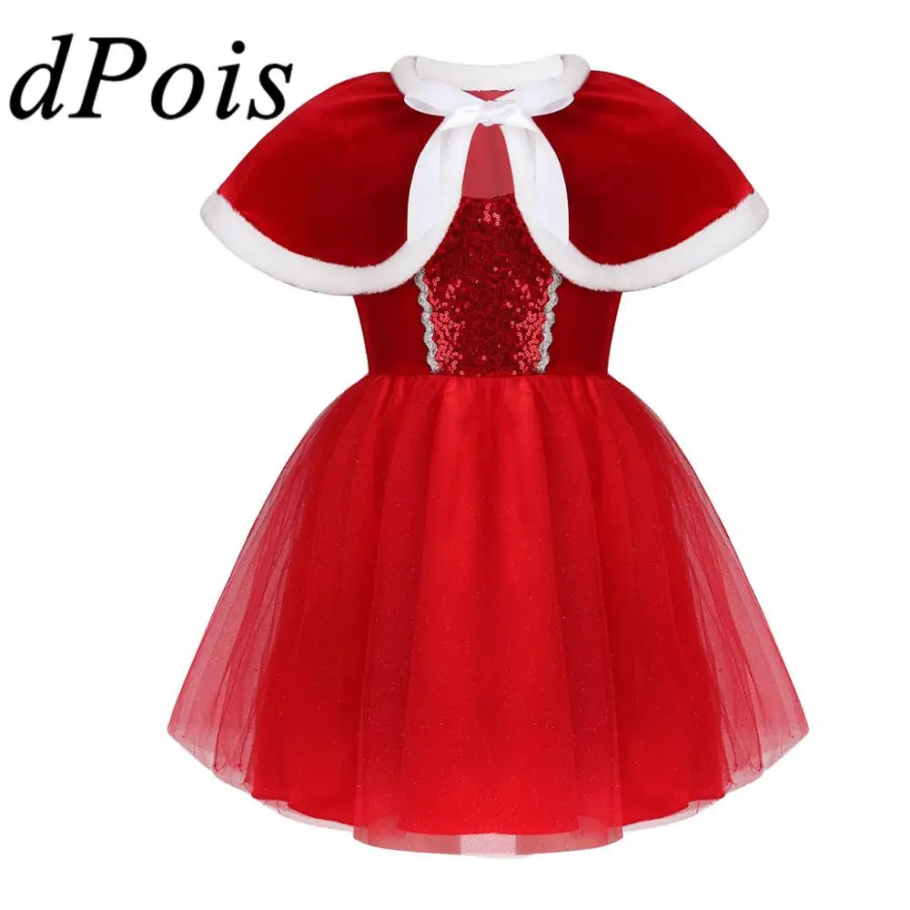 

Kids Christmas Costume Dancewear Sleeveless Shiny Sequins Mesh Tutu Dress with Capelet Outfit Girls Figure Ice Skating Dress