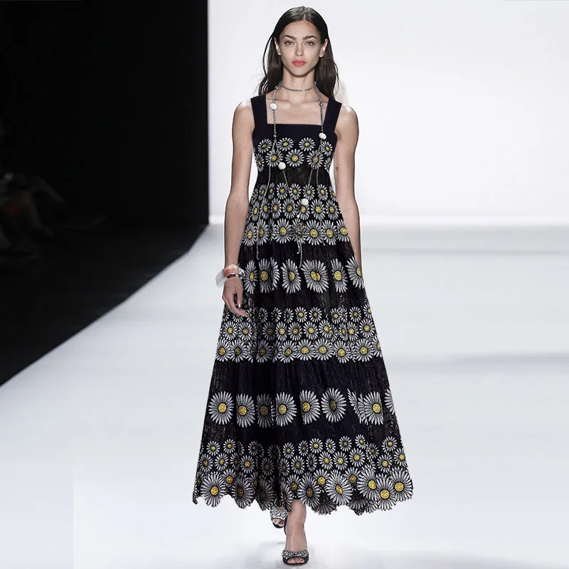 

embroidery lace splicing heavy industry suspender high waist open back long dress 2021 spring and summer