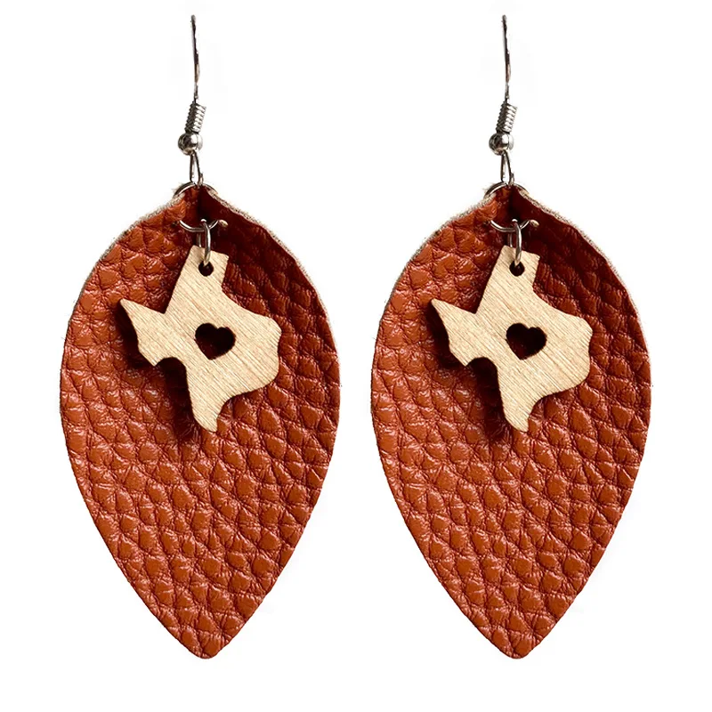

High-quanlity Lichee Pattern Leather Leaf Shape Wood Dangle Drop Earrings for Women Wooden Cross Cactus Drop Earrings Wholesale