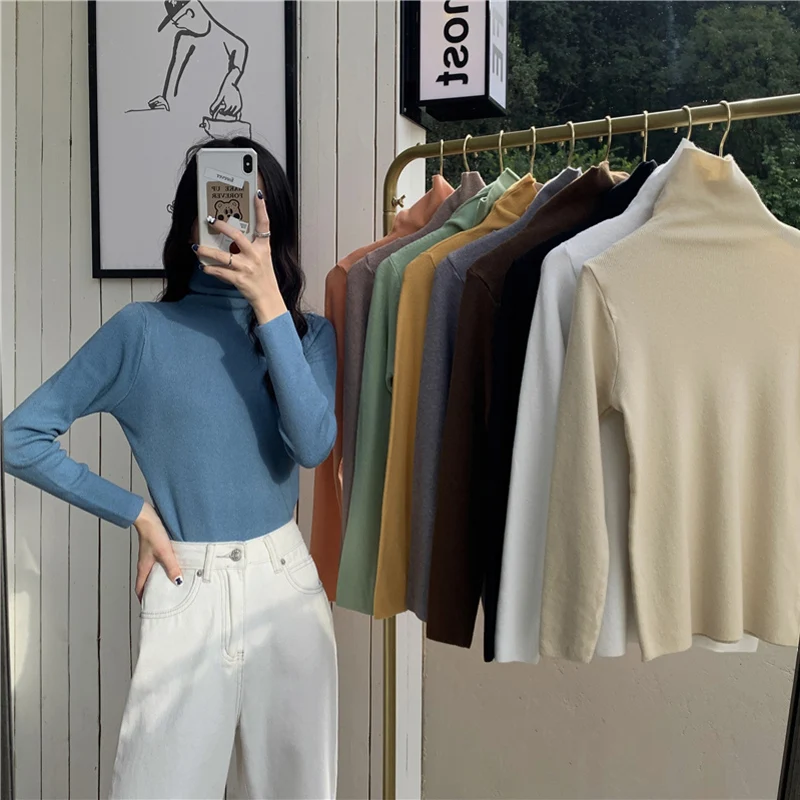 

HKCP Casual Woman Sweater Bottoming Office Lady Fashion Solid Turtleneck Long Sleeve Warm Knitted Pullovers Winter 2020 New