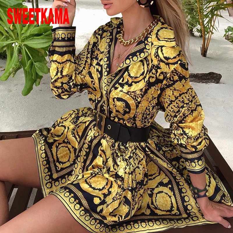 Женское винтажное короткое платье SWEETKAMASexy летнее элегантное пляжное золотого