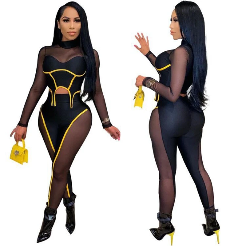

Susailong cross border platform, European and American women's new mesh splicing, sexy leisure two-piece set