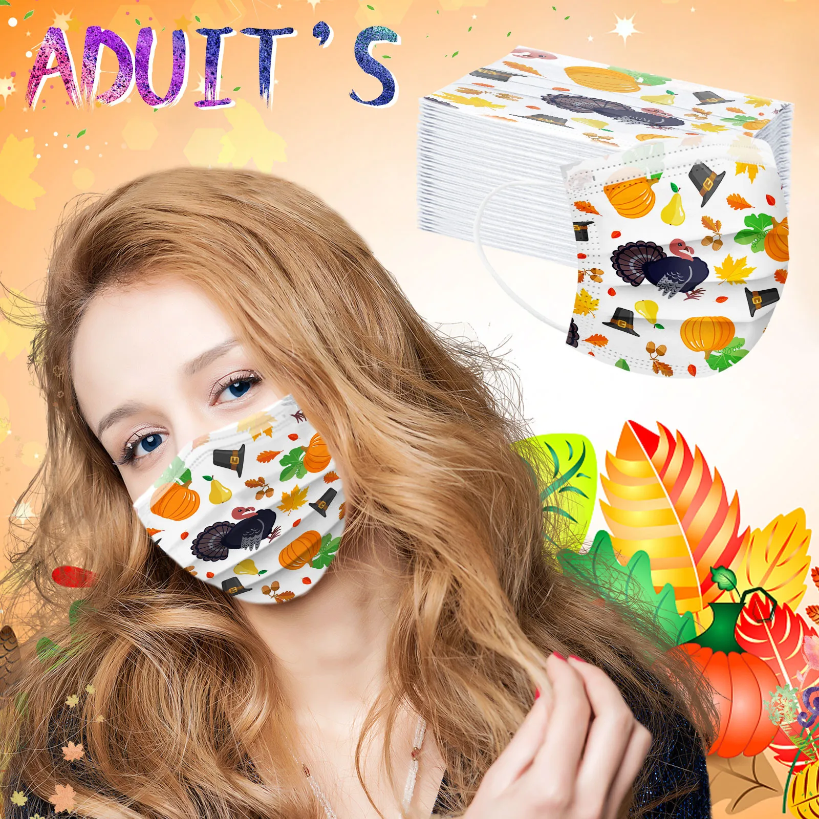 

Повязка на голову 50 шт. маска масшерин одноразовые унисекс печатные на День Благодарения мягкие маски для взрослых 3-слойные маски бандана #