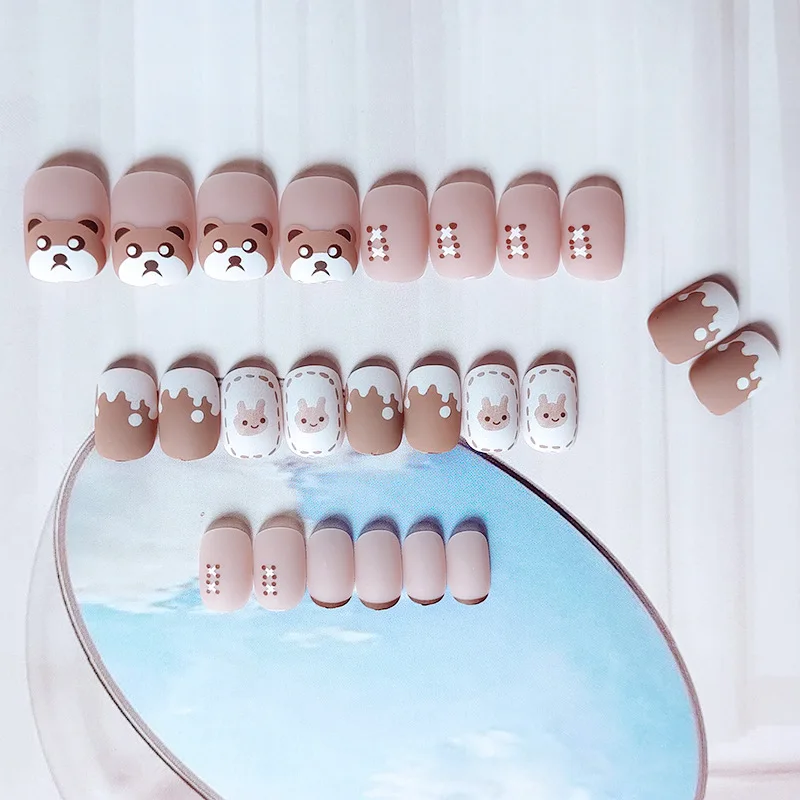

24PCS Cute Bear Nail Patch Sweet Style Glue Type Removable Short Paragraph Manicure Save Time False Nail Patch SANA889