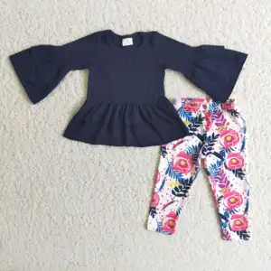 Autumn Winter Girl's Clothes Dark Blue Double-layer Lace Cuff Top And Colorful Flower Print Pants Suit Kids Clothing