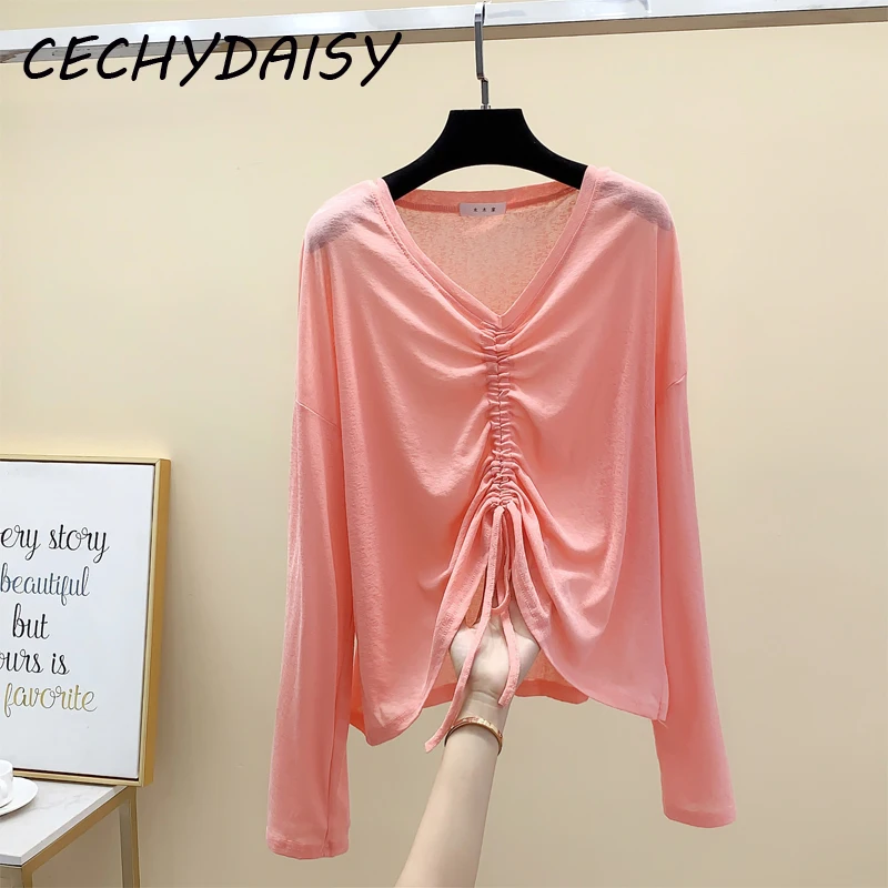 Трикотажная одежда из вискозы женские солнцезащитные Джемперы топ на шнуровке