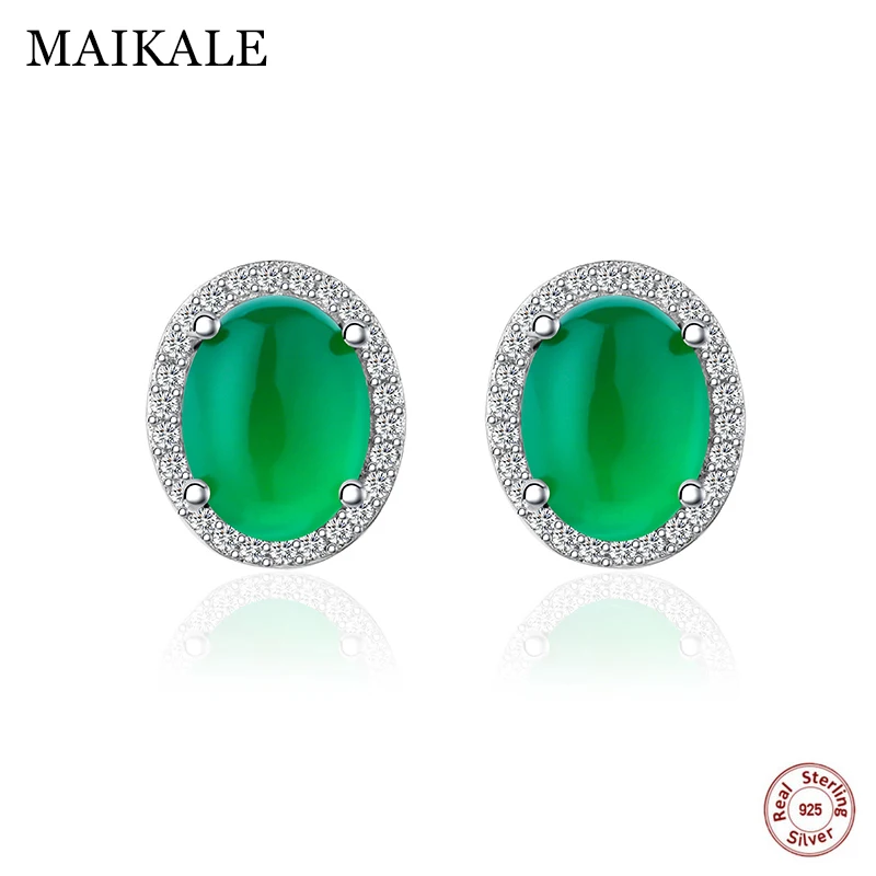 MAIKALE Luxury 925 Sterling Silver Stud Earrings with Cubic Zirconia Green Gem Stone Round Small Earrings for Women Jewelry Gift