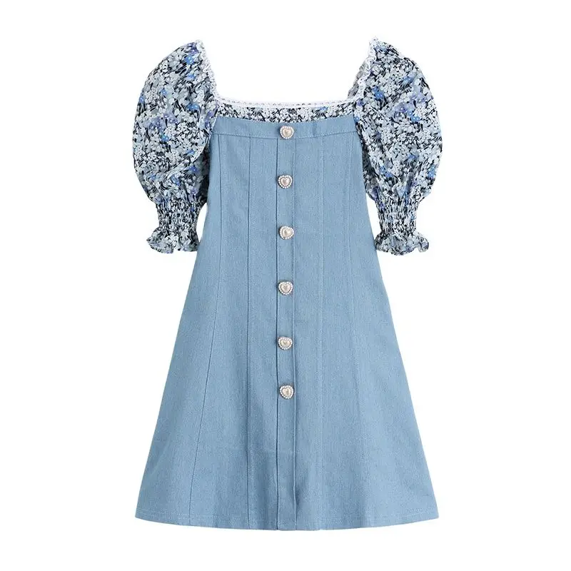 

Retro Floral Puff Sleeve Summer Sundresses Denim Patchwork Sweet Fashion Mini Dress Button-up Back Zipper Female Dresses Chic