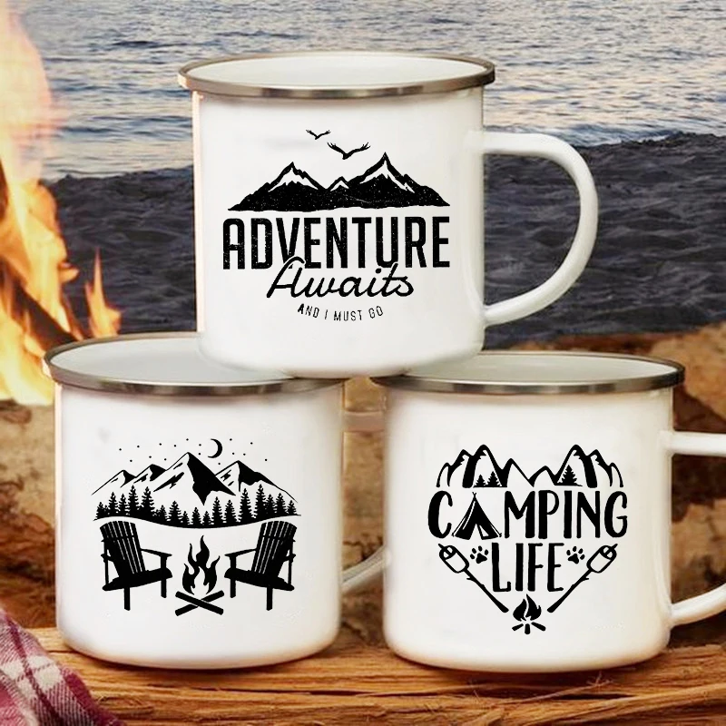 Adventure Awaits Camping Mugs Happy Campers Campfire Cup Enamel Camping Cups Outdoor Campervan Coffee Handle Mug Camper Van Gift