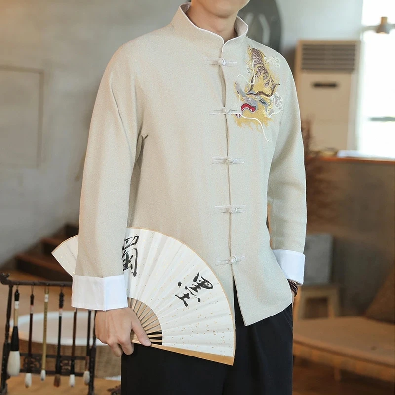 

Chinoiserie Tops Traditional Chinese Hanfu Fashion Tang Suit Dragon Embroidery Shirt Loose for Mens Clothing Vintage Long Sleeve