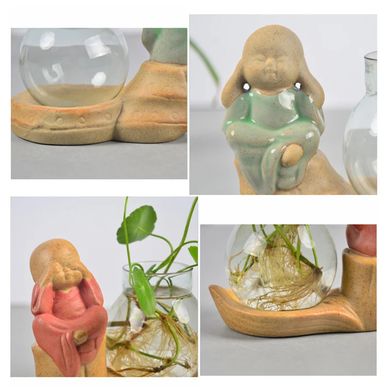 

1set Ceramic Little Monk Glass Vase Hydroponics Green Plant Container Desktop Decor Tea Pet Household Decoration Accessories