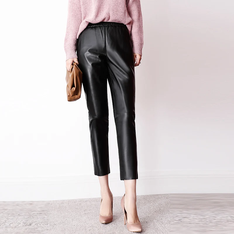 100% Genuine Leather Trousers Women Pants With Pockets Simple Vintage Straight Pantalon Femme Black/Brown/Khaki Pencil Drawers