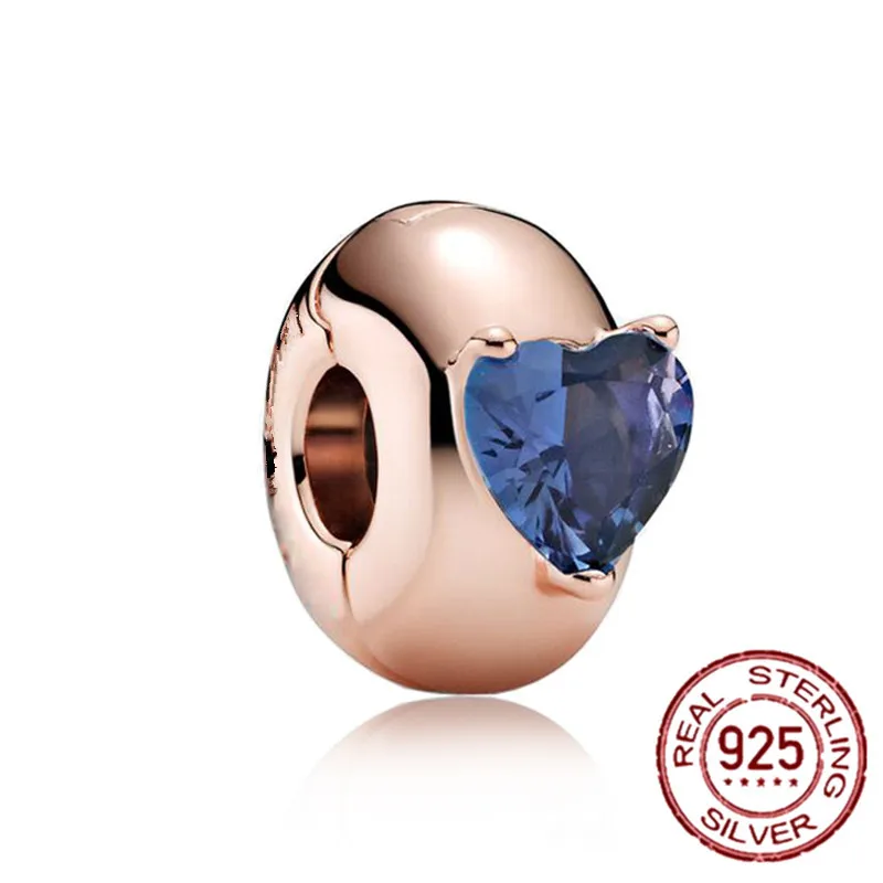 

925 Sterling Silver Fixing Clip Charm Rose Gold-plated Pink Heart-shaped Temperament fit Pandora Bracelet Jewelry DIY For Women