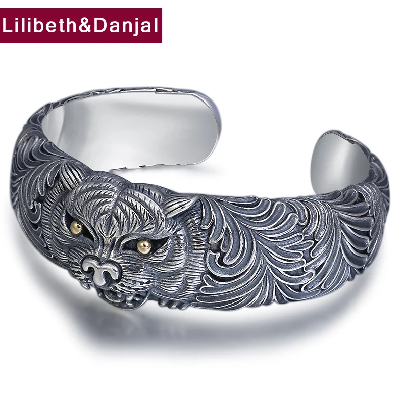 Мужской браслет 100% Серебро 925 пробы Винтаж властный Тигр головка Открытый