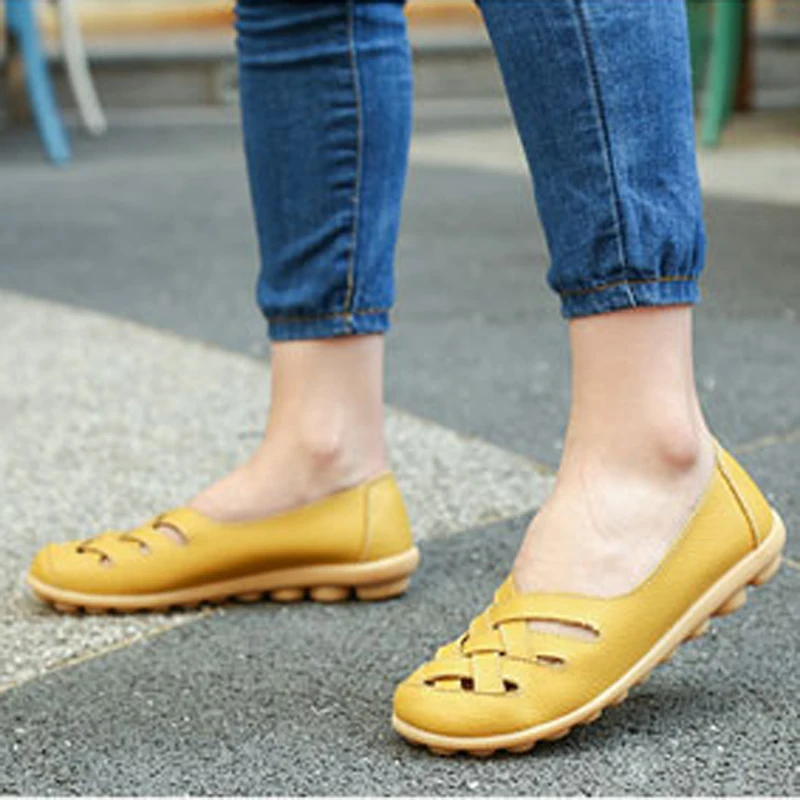 

YUEWU Large Size Hollow Out Set Foot Soft Sole Birds Nest Shoes Antiskid In Summer Womens Genuine Leather Loafers