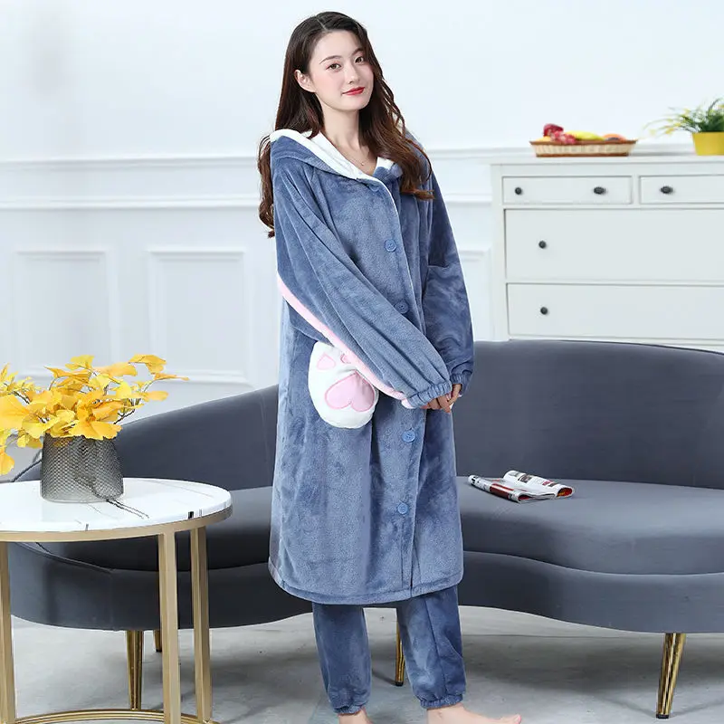 Pajamas Women's Autumn and Winter Thickened Coral Velvet Robe Long Two-piece Suit Can Be Worn Outside Facecloth Home Wear Winter