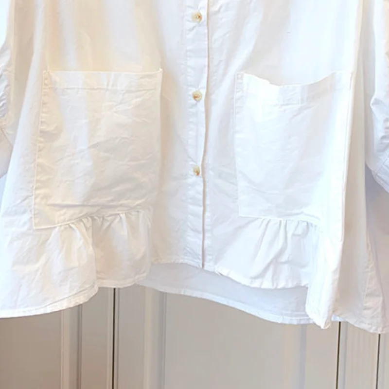 

KUSAHIKI Causal Pockets Patchwork Blouse Tops Korean Sweet Woman Doll Shirt 2021 Summer New O-neck Ruffle Blusas Mujer 6H602