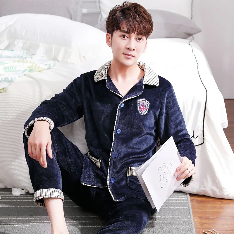 Осенне-зимняя мужская Толстая Фланелевая пижама костюм из двух предметов с