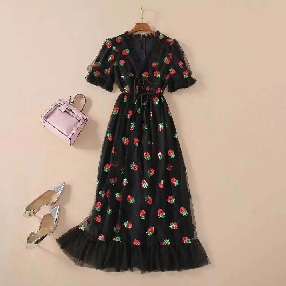 

Sexy V-Neck Belt Strawberry Hot stamping Short Sleeve Party Mid-Length Dress Net Yarn Summer New Women'S Clothing B377