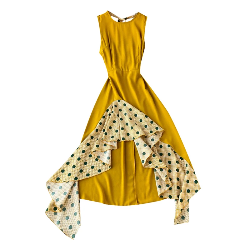 

PERHAPS U Yellow Polka Dot Patchwork Asymmetrical Ruffle Dress O-neck Sleeveless Tank Halter Midi Dress Summer Vocation D2591