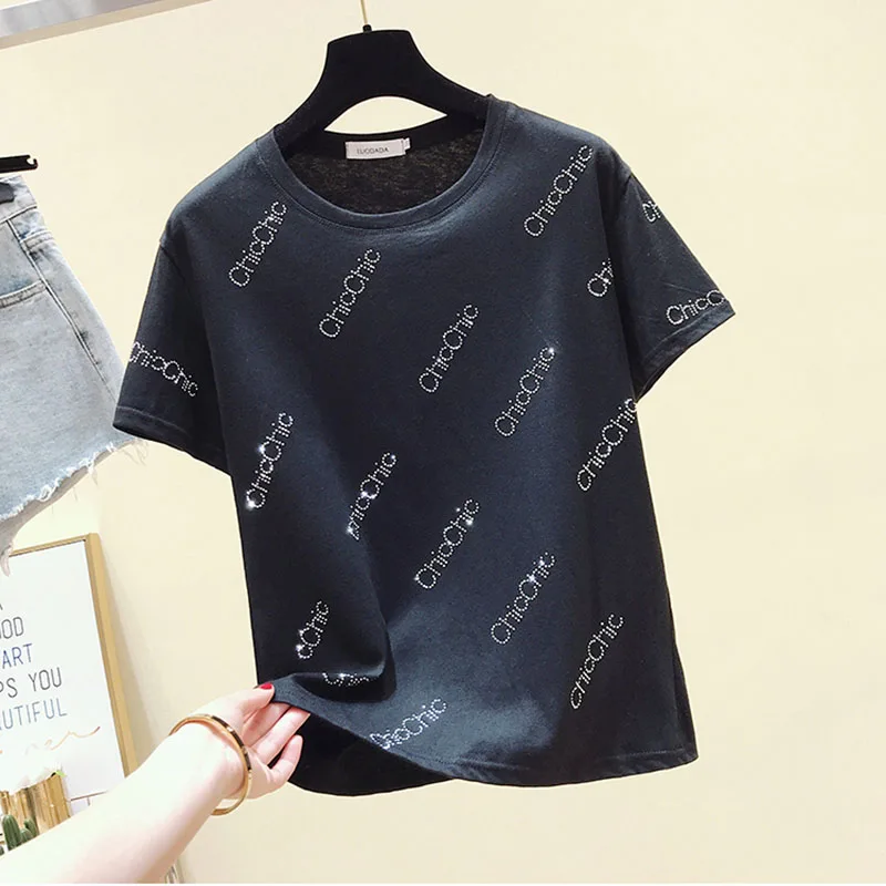 Футболка женская хлопковая с коротким рукавом белая со стразами | Женская одежда