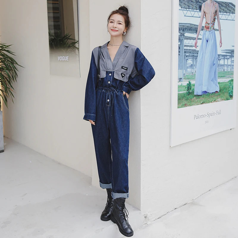 

Fashion Splice Denim Jumpsuit for Women Long Sleeve V-neck Slim Streetwear Hip Hop One Piece Straight Jeans Overalls Female 2153