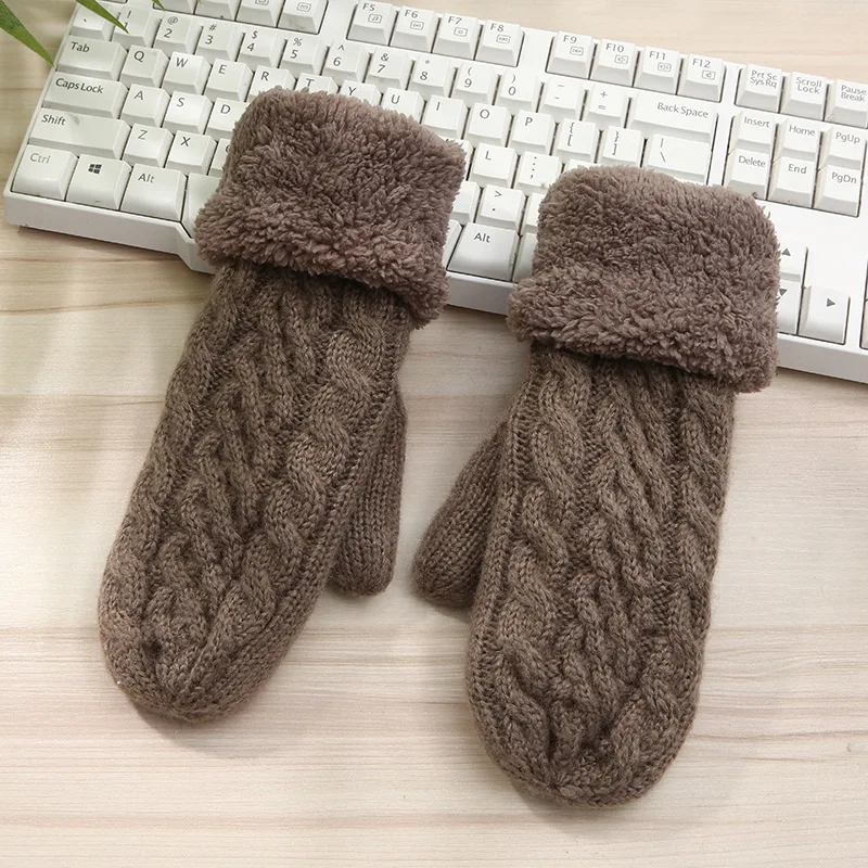 brown Корейские модные крученые Варежки женские осенние и зимние толстые теплые вязаные шерстяные перчатки - Цвет: brown