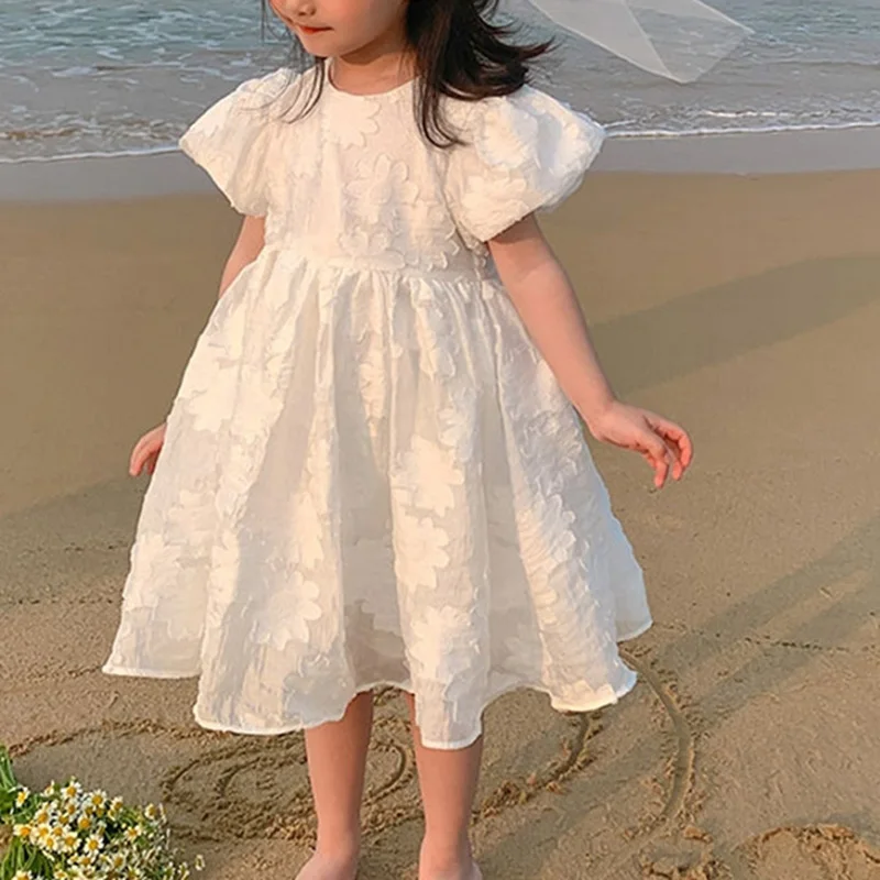 

Birthday Party Dresses Girl White Tutu Floral Cotton Children Kids Princess Dress Children's Casual Puff Sleeve Flowers Clothing