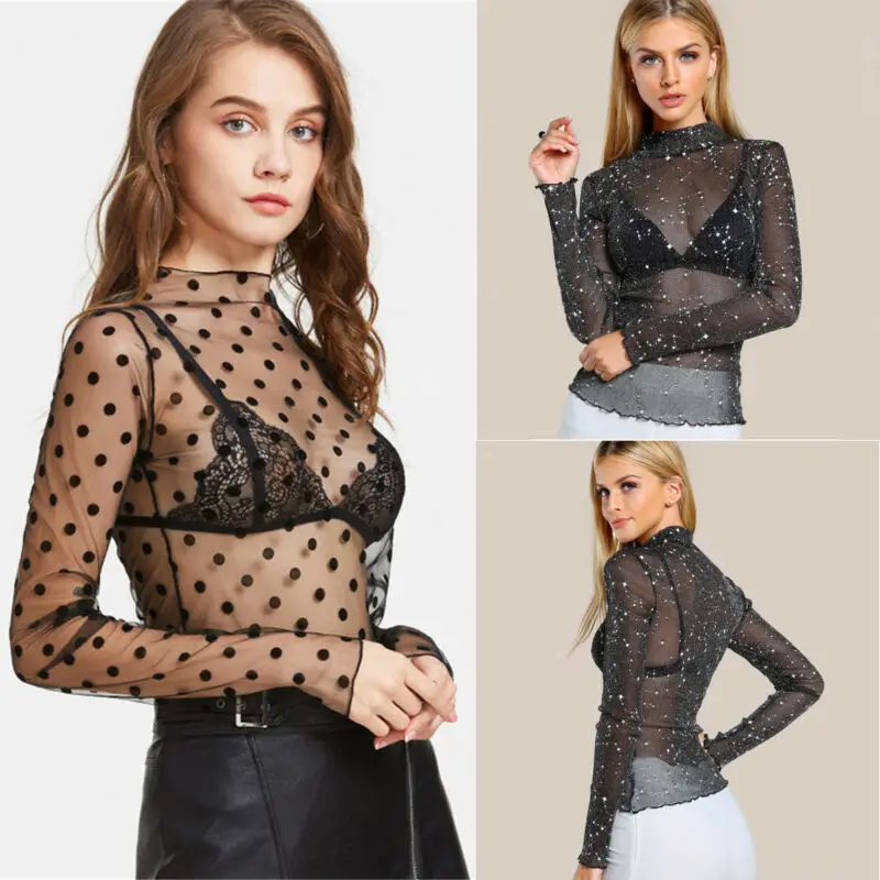 Женская сексуальная сетчатая блузка в горошек с высоким воротом прозрачный топ