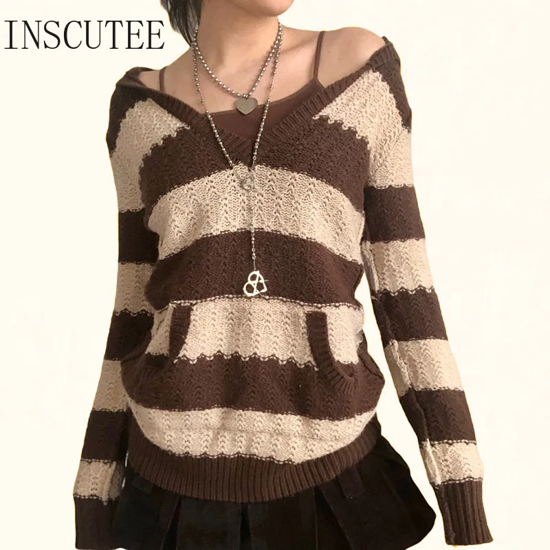 

Inscutee Contrasting Color Striped Pocket Hooded Women Harajuku Y2k Streetwear Casual Loose Drawstring Emo Alt Punk Crop Tops