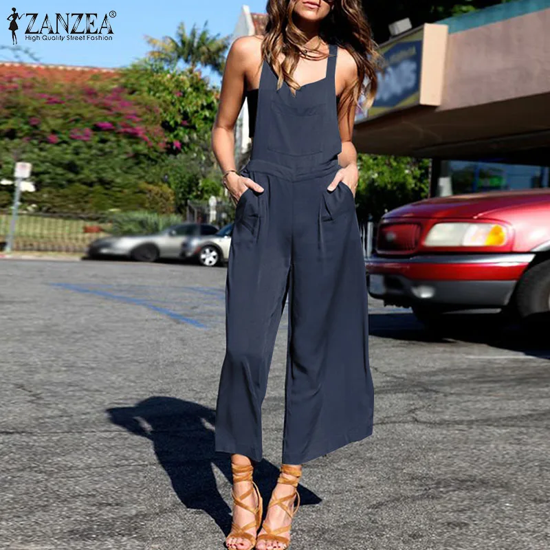 

Комбинезон ZANZEA женский без рукавов, комбинезон с эластичной талией и широкими штанинами, однотонные брюки-карго с карманами