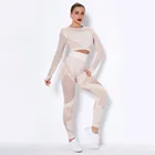 Ажурный бесшовный комплект для йоги, спортивные наряды, женская рубашка с длинным рукавом, 2 предмета, короткий топ, леггинсы, тренировочный костюм, спортивные комплекты для фитнеса