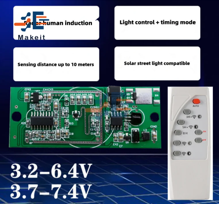 3.7V 7.4V Microwave Radar Human Body Induction Solar Controller Light Circuit Board Adjustable Sensor Module with Remote Control