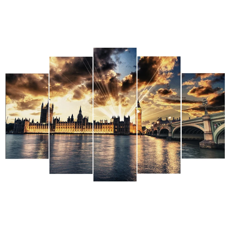 

Modern Home Decor Modular Picture Wall Art Frame 5 Pieces United Kingdom Dusk Houses Poster HD Printed Building Painting Canvas