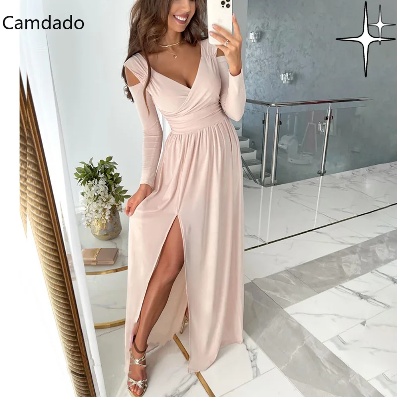 

Women Dress Elegant Sexy V Neck Color Slim Maxi Autumn Casual Clothing Party Hem Split Dresses Long Sleeve Winter Dress
