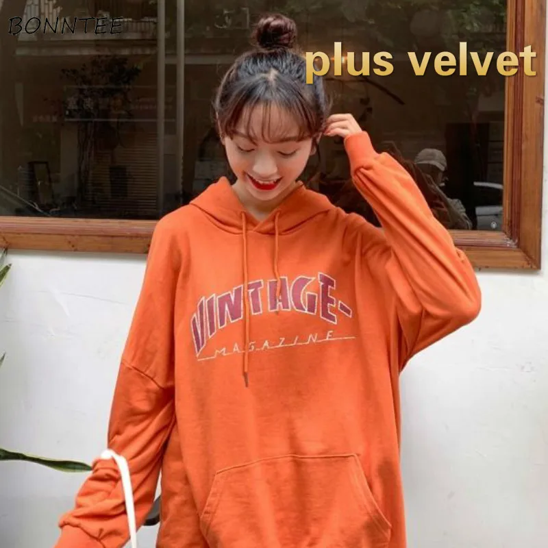 

Hoodies Women Thicker Plus Velvet Korean Style Letter Casual Pullovers New Fashion Long Sleeve Warm Chic Students Vintage Womens