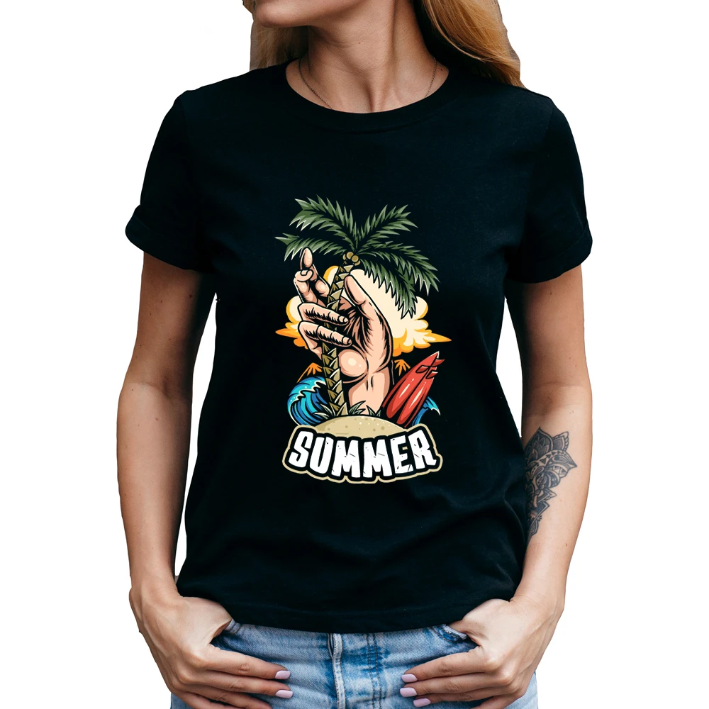 

surfers hands plant coconut trees T-shirt Girls Women Short Sleeve O-Neck Summer Tops Tees camisetas de mujer roupas femeninas