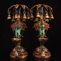 5tibet temple old bronze outline in gold painted mosaic gem elephant trunk god of wealth statue oil lamp a pair bells ornaments