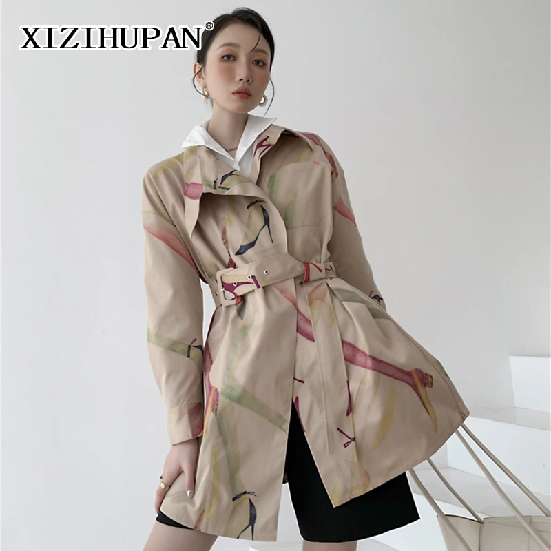 

Элегантный женский осенний Тренч XIZIHUPAN с цветными блоками, свободные пальто с отложным воротником и длинными рукавами в стиле пэчворк с поя...
