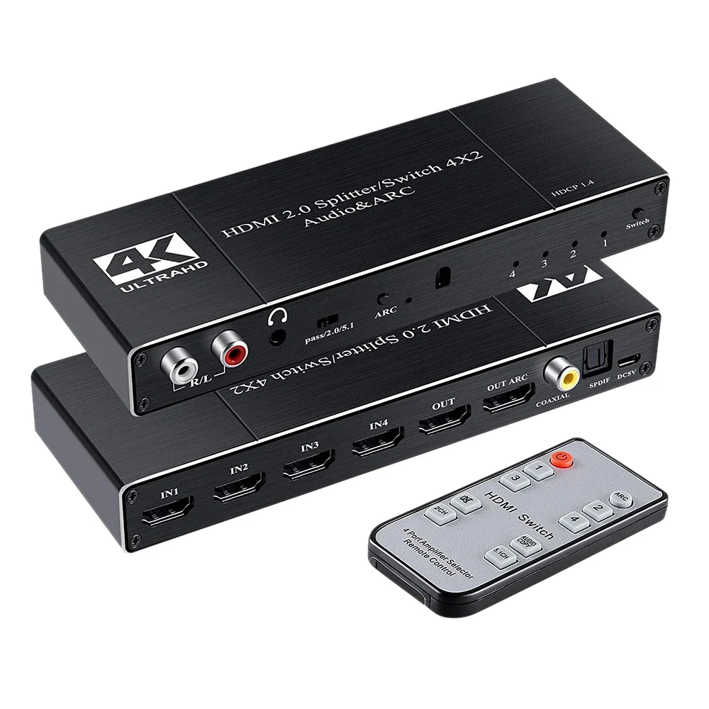 

4K HDMI 2.0 Switch Remote 4X2 HDMI Switcher Audio Extractor with ARC and IR Switch HDMI 2.0 for PS4 HDTV
