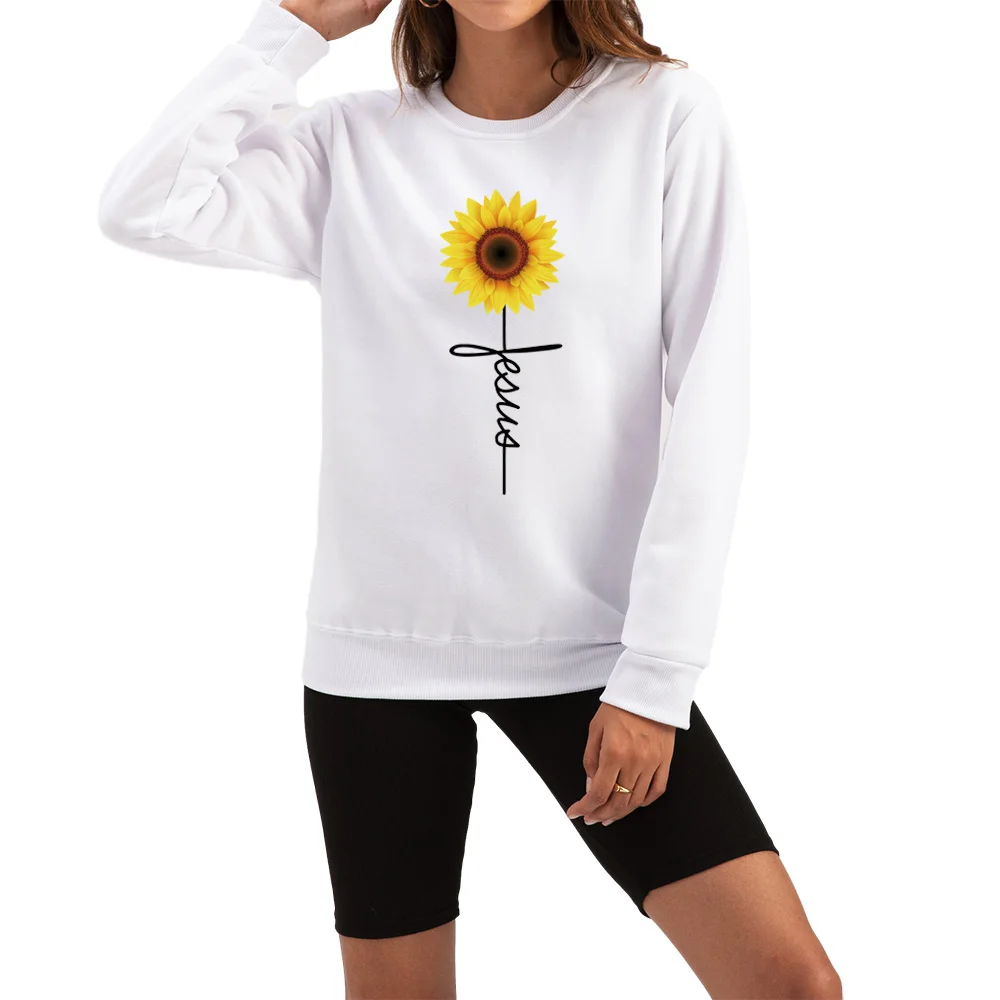 

Women Printed Flower Jesus Funny Hoodies Fashion Winter Harajuku Black White Print Long Sleeve Hoody Pullove