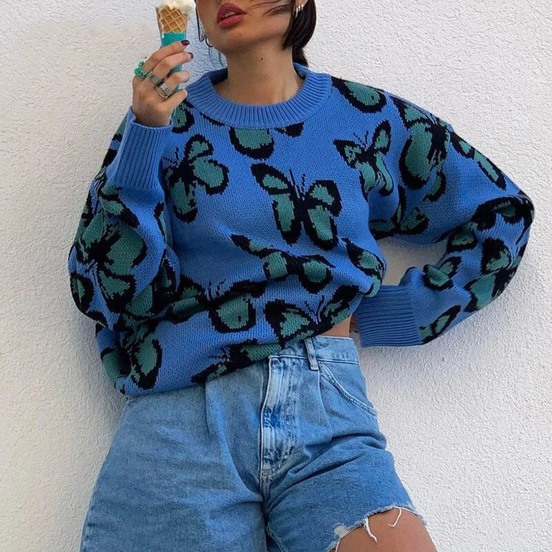 

O Neck Blue Knitted Sweater Casual Women Butterfly Autumn Winter Oversized Pullover Loose Y2K Jumper 2021 New Fashion