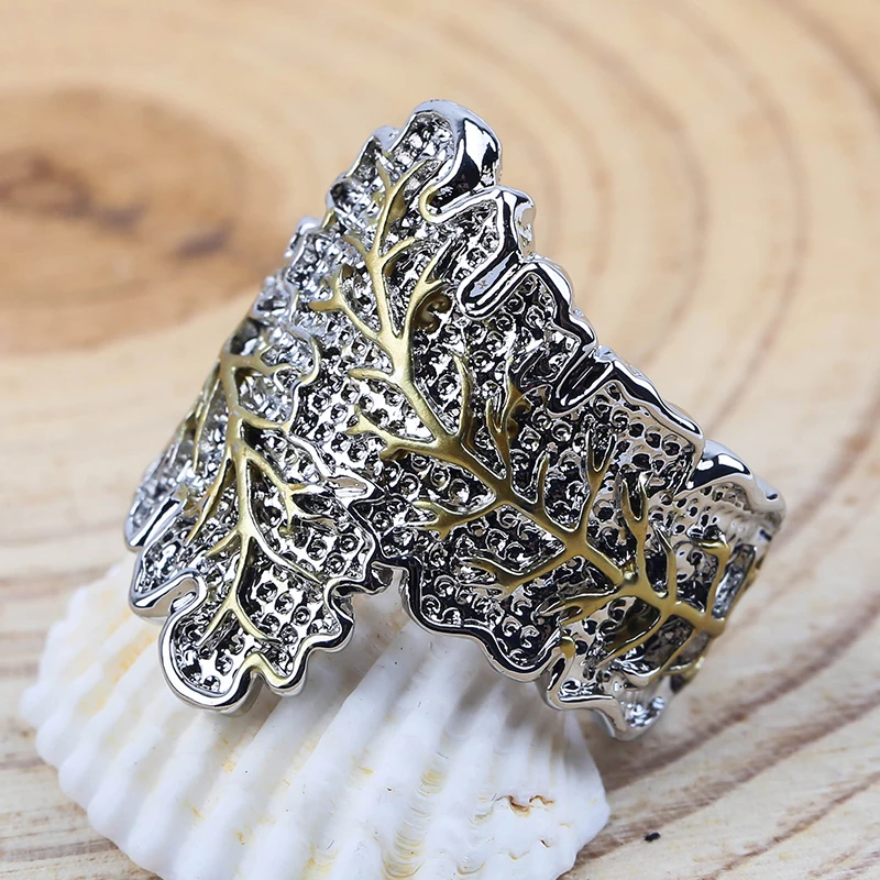 Винтажные открытые кольца с большими листьями для женщин старинные золотистые