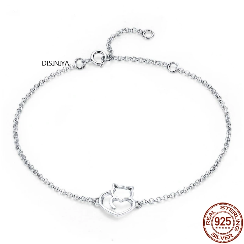 Женский браслет цепочка с котом и сердцем из серебра 100% пробы|Цепочки браслеты| |