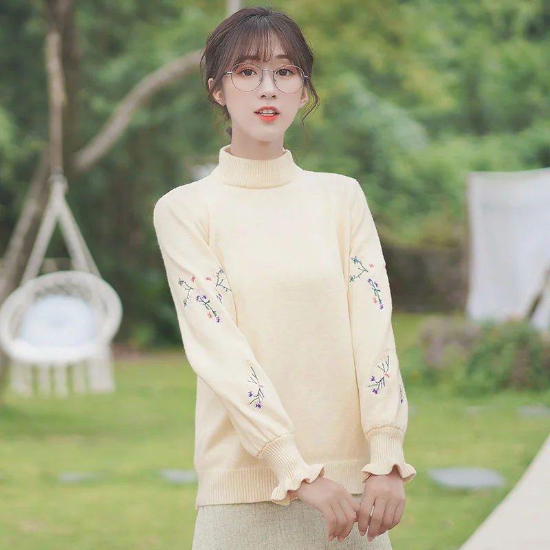 

Chic Khaki Autumn and Winter 2020 New Wooden Ear Half Turtleneck Sweater Women's Floral Sweater Student Underwear Top Trendy