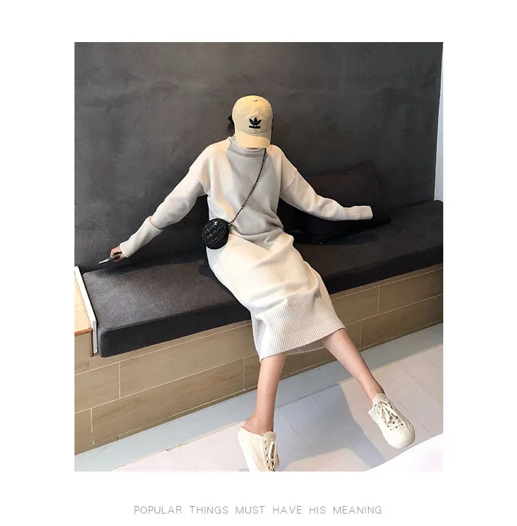 Turtleneck Cashmere Knitted Sweater Dress Women Autumn Spring Noodles Elastic Long Sleeve thick Pullover Winter Dress