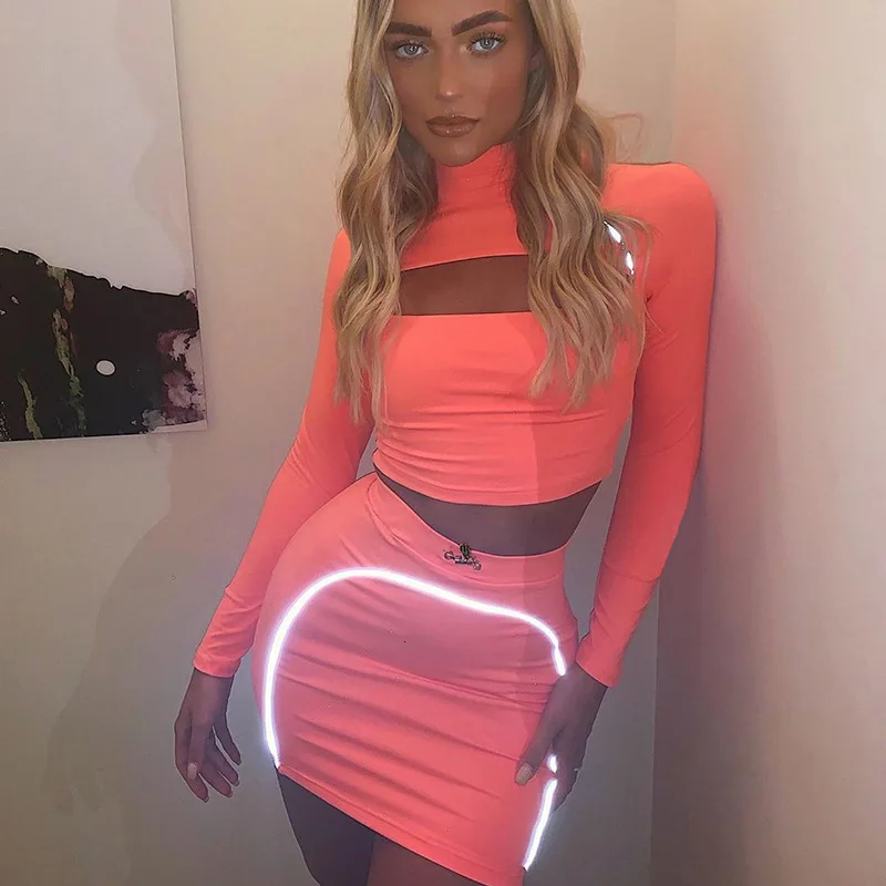 

Ladies suit 2021 new women's long-sleeved hollow night ribbon luminous skirt short skirt sexy ladies suit