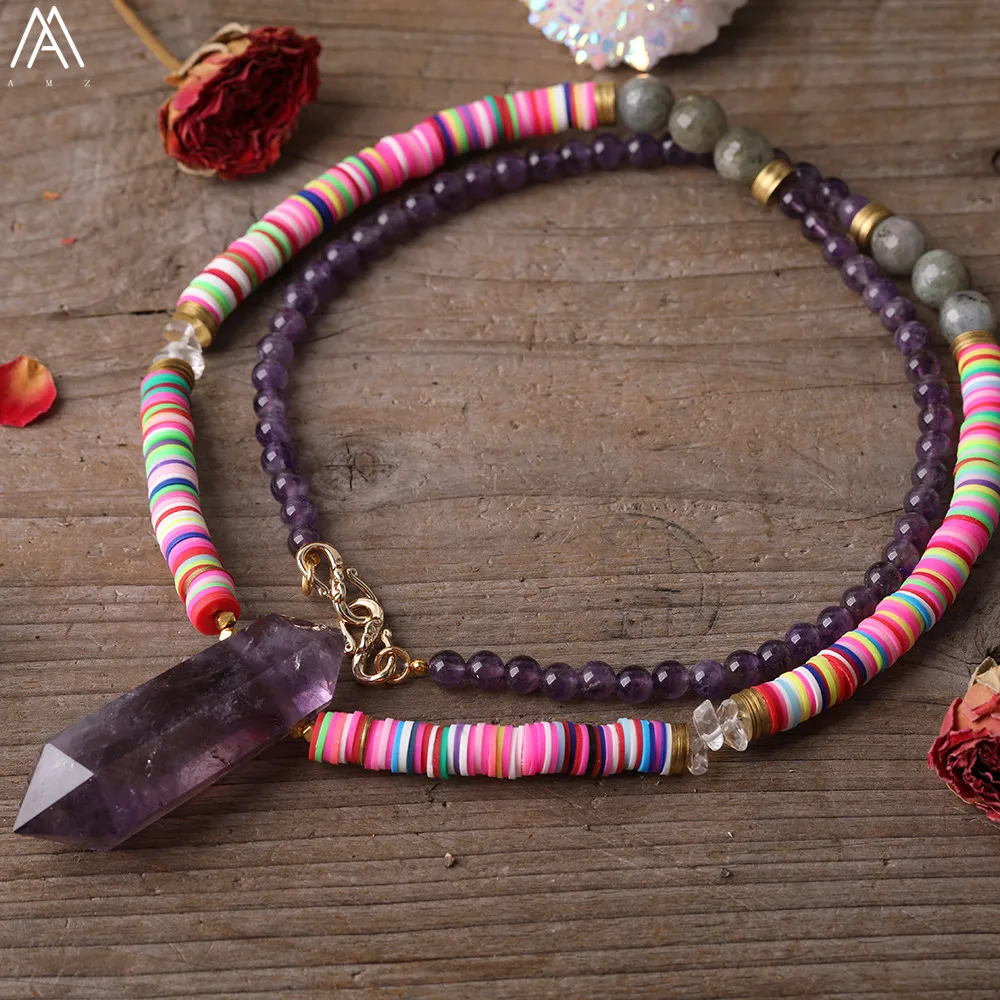 Натуральный аметист КВАРЦЕВЫЙ двойной точечный кулон 8 мм Радужный диск Heishi