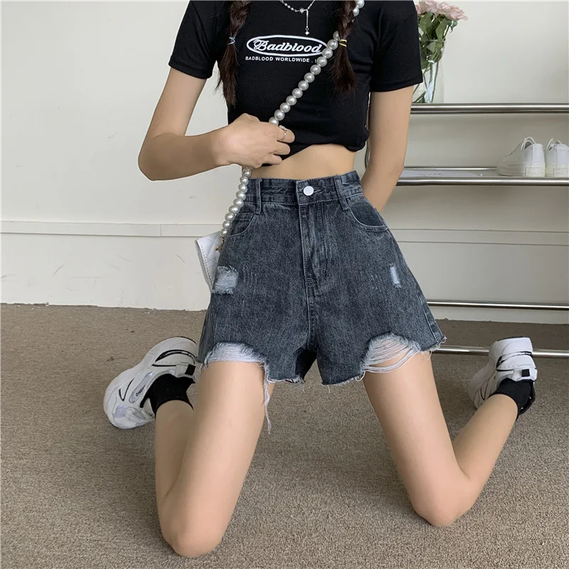 Net red jeans with ripped holes and hot pants women 's summer 2021 shorts high waist thin hip pants ins tide