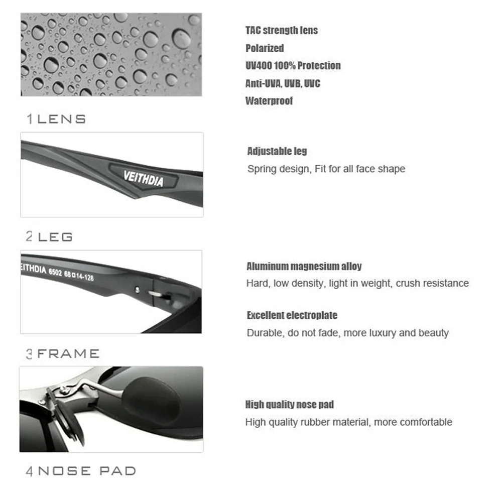 Мужские солнцезащитные очки VEITHDIA из алюминиево-магниевого сплава с